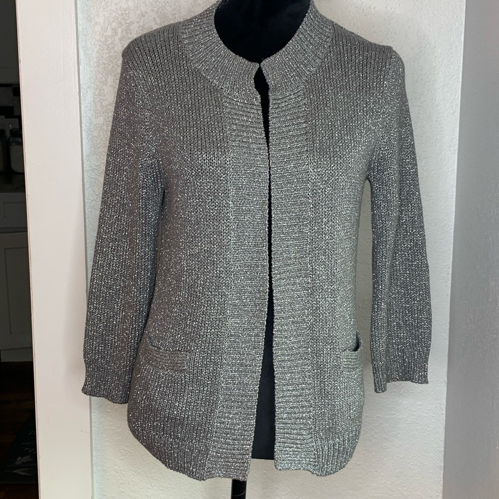 J.Crew Silver Metallic Open Front Knit Cardigan Sweater Size Medium Pockets